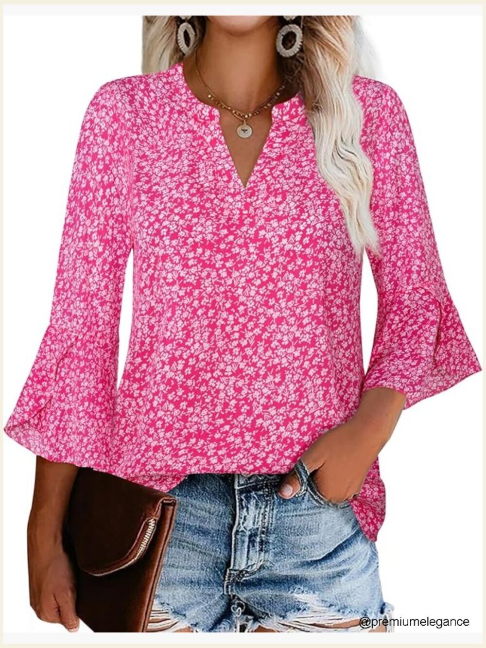 Womens 3/4 Sleeve Ruffle Blouse V Neck Floral Tunic Dressy Work Top